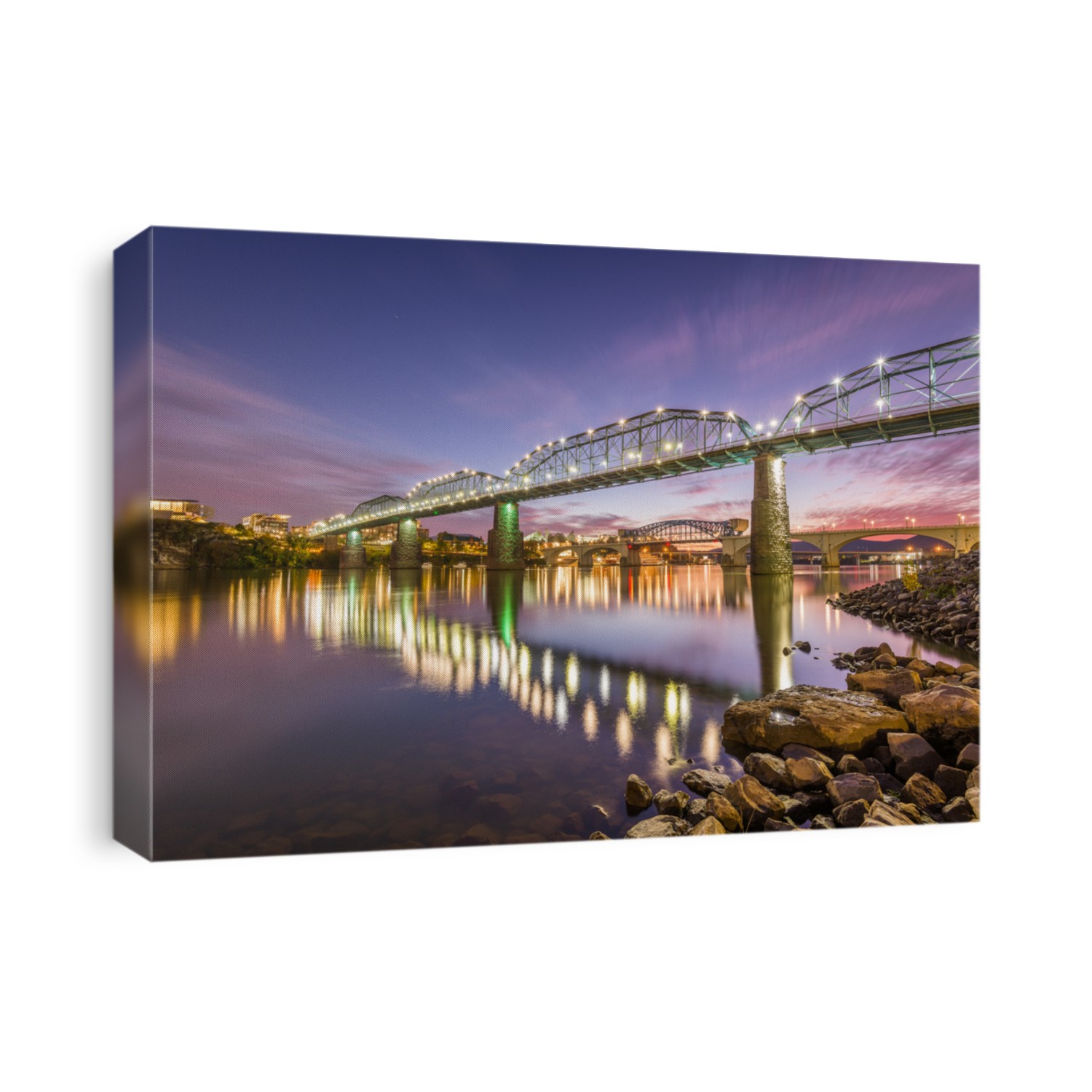 Chattanooga, Tennessee, USA river and bridge at dusk.