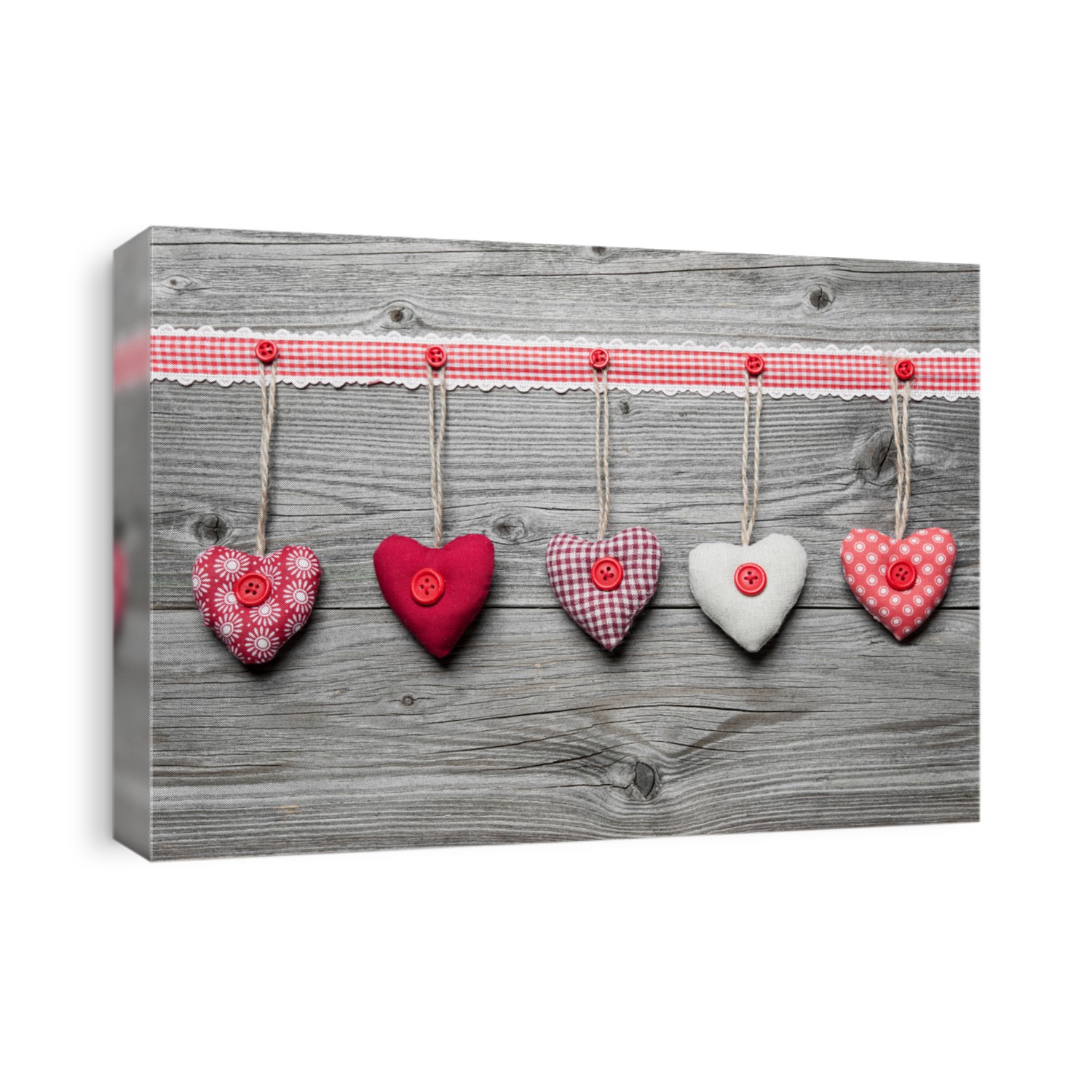 Red hearts hanging over rustic wooden planks. Valentines Day background
